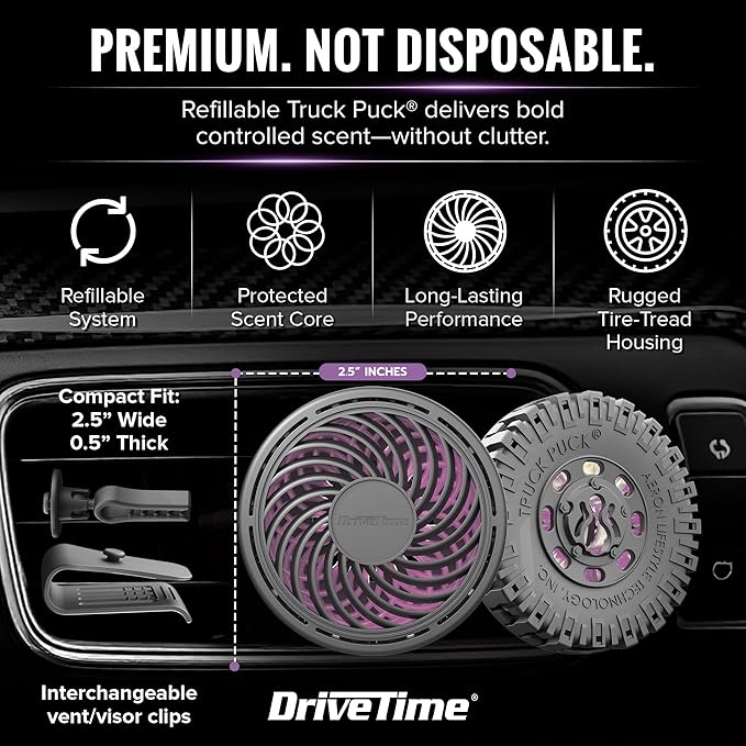 Drive Time Truck Puck Thai Orchid Fragrancee Car Air Freshener – Long-Lasting Car Deodorizer, Refillable Vent & Visor Clip Auto Air Freshener for Car, Truck & SUV, Premium Fragrance, Pack of 3