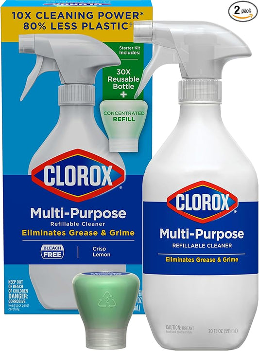 Clorox Multi-Purpose Cleaner System Starter Kit, Household Essentials, 1 Bottle and 1 Refill, Crisp Lemon, 1.13 Fl Oz