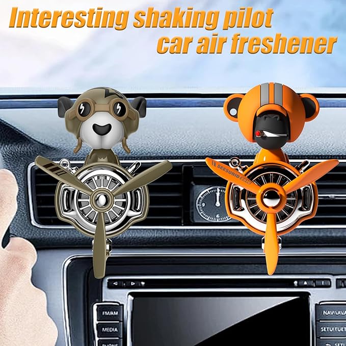 2Pcs Car Air Fresheners, Cute Bear Pilot Automotive Air Outlet Creative Car Perfume Diffuser, Automotive Accessories Air Vent Decoration with 8 Fragrant Tablets (Orange 1+Green 1)
