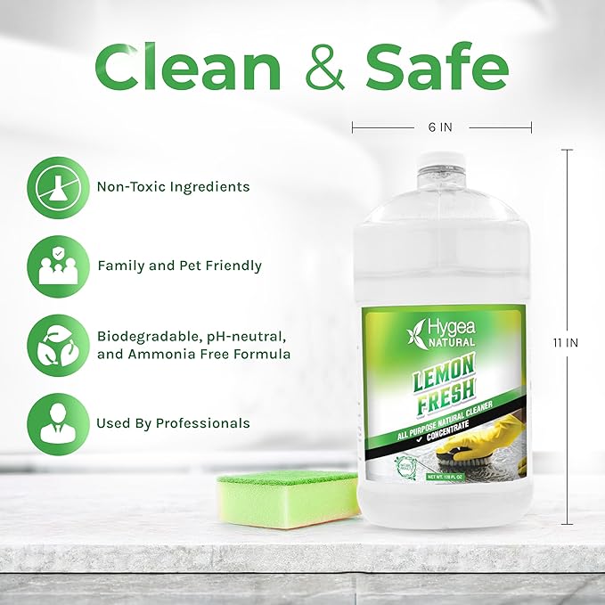 Hygea Natural Lemon Fresh Concentrated All Purpose Cleaner - Non Toxic - Removes Soil, Dirt & Grease - Wet Gloss Finish - Biodegradable, pH-Neutral & Ammonia Free (128oz Concentrated Gallon)