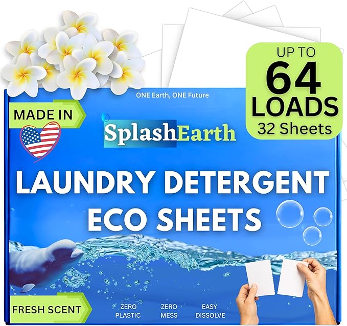 Laundry Detergent Sheets Made in USA (64 Loads, Fresh Scent), Eco-Friendly Washer Sheets Detergent, Plastic-Free Travel Laundry Soap, 32 Strips