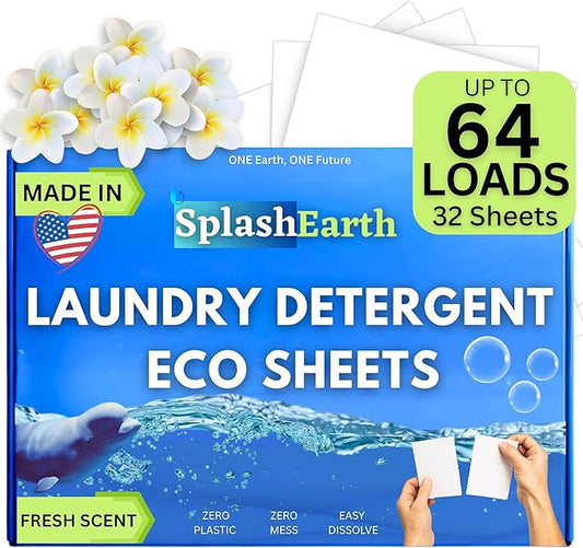 Laundry Detergent Sheets Made in USA (64 Loads, Fresh Scent), Eco-Friendly Washer Sheets Detergent, Plastic-Free Travel Laundry Soap, 32 Strips