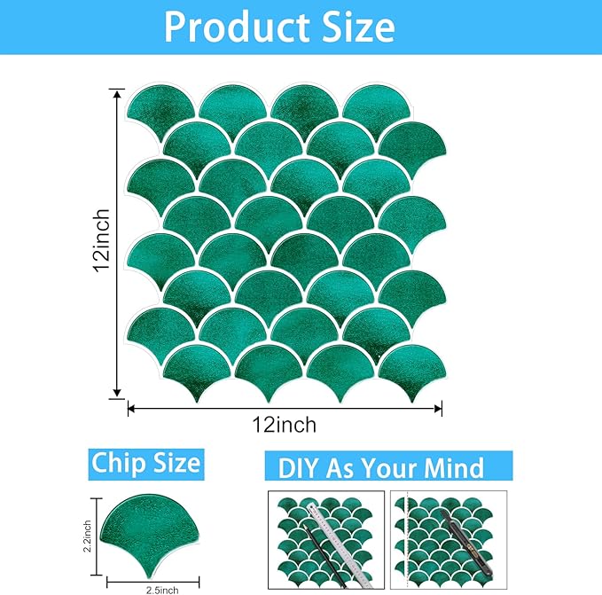 Peel and Stick Fish Scale Tile for Kitchen and Bathroom Backsplash, Green, 10 Sheets of 12x12 inches, Modern, Textured, Waterproof