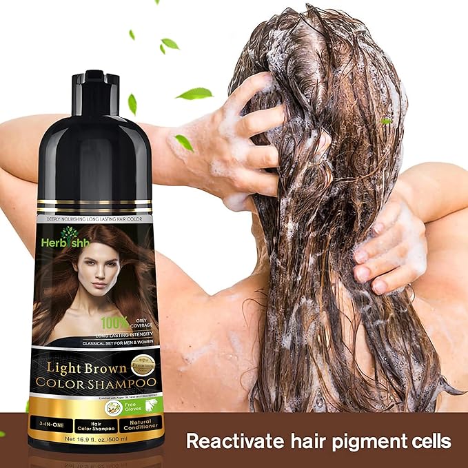 Herbishh Hair Color Shampoo for Gray Hair Light Brown 500 ML - Dye Shield or Defender - Hair Color Stain Remover Wipes - Travel Pack With 5 Wipes