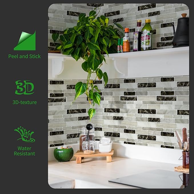 LONGKING Self-Adhesive Kitchen Backsplash, Marble Look Decorative Tiles (10 Tiles) (Light Brown)