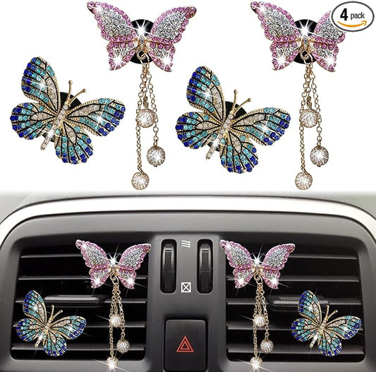 Bling Butterfly Air Vent Clips, 4 Pcs Crystal Pendant Fresheners, Diffuser Diamond Decoration, Cute Interior Decor Accessories for Women