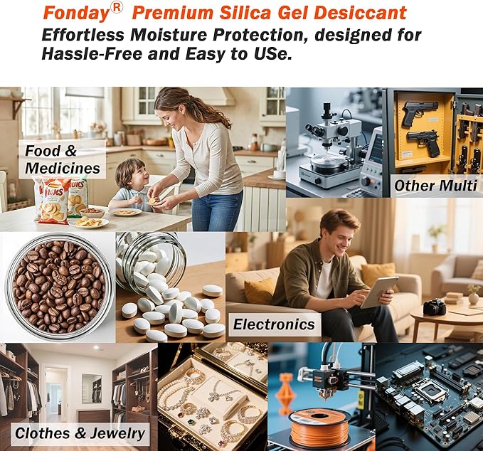 16Packs x 100Gram Fonday Rechargeable Silica Gel Desiccant Packets Fast Reactivate Desiccant Bags Moisture Indicating Orange to Green for Food Storage, Electronics, 3D Filament & Safes