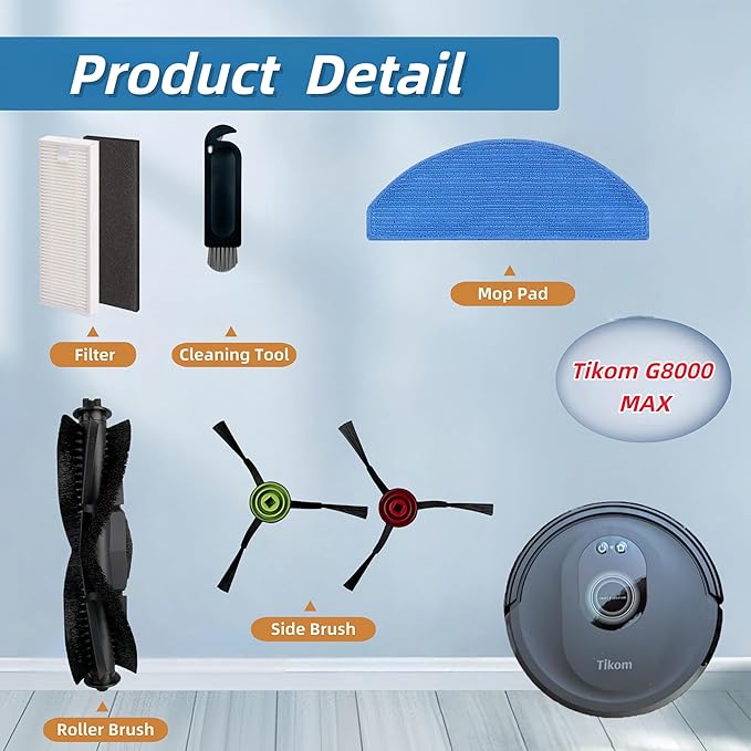 Replacement Parts Compatible with Tikom G8000 MAX Tikom L8000 Pro (2025 Year Versions) Robot Vacuum Cleaner Spare Parts Accessories, 2 Main Roller Brush, 8 Side Brushes, 6 Hepa Filters, 4 Mop Pads