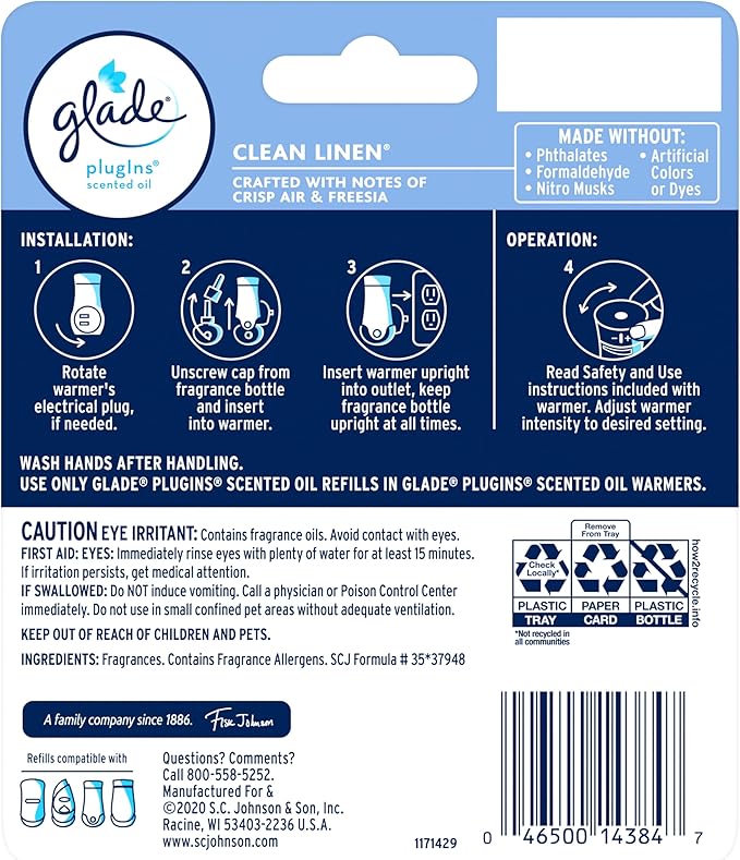 Glade PlugIns Air Freshener Starter Kit,Scented and Essential Oils for Home and Bathroom,Clean Linen,4.02 Fl Oz,2 Warmers-and 6 Refills,(Pack of 2)