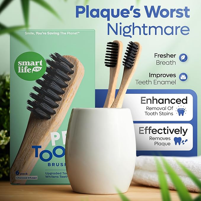 SmartLifeco Charcoal Bamboo Toothbrushes PRO - Extra Soft Natural Bristles for Adults & Kids Teeth | Zero Waste Bulk Wooden Tooth Brush | BPA Free, Eco-Friendly, Vegan - 6 Pack