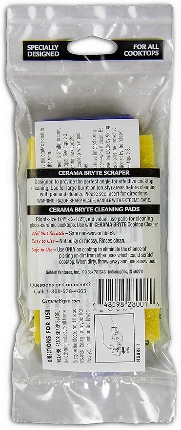 Cerama Bryte 1 x Scraper & 1 x Pad Kit Cooktop and Stove Top Cleaner for Glass - Ceramic Surfaces, 2 Piece Set