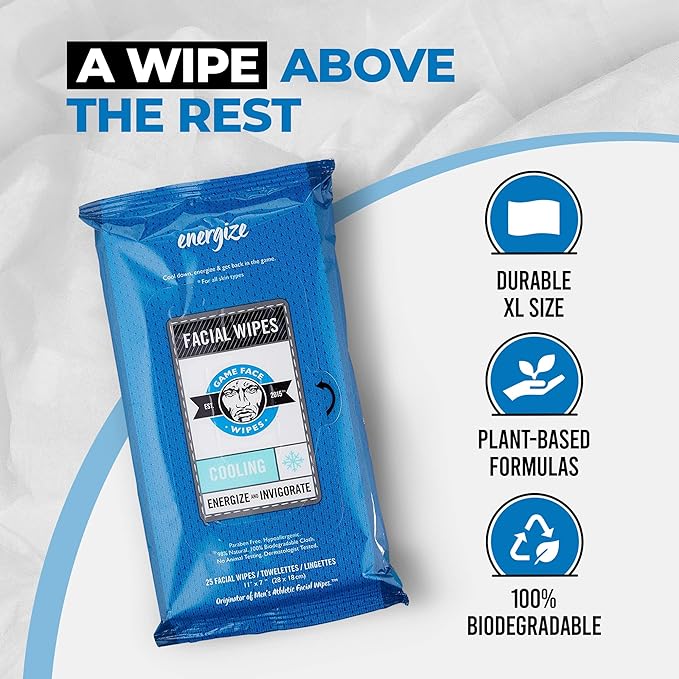 Game Face Cooling Face Wipes 25 Count XL Size Compostable Cloth Naturally Formulated and Lightly Scented Hydrating, Energizing, and Invigorating Wipes for Athletic, Sport, and On The Go Needs.