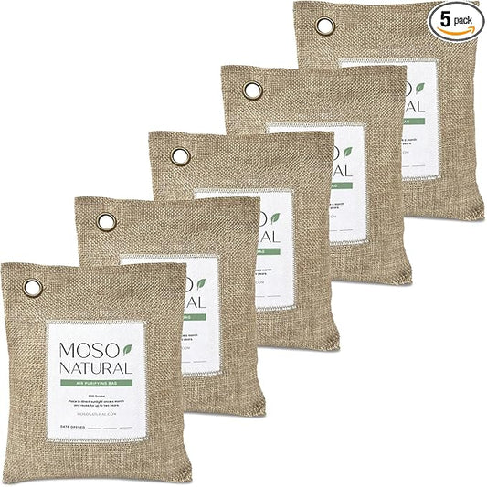 Moso Natural Air Purifying Bag 200g (5 Pack) A Scent Free Odor Eliminator for Cars, Closets, Bathrooms, Pet Areas. Premium Moso Bamboo Charcoal Odor Absorber (Natural Beige)