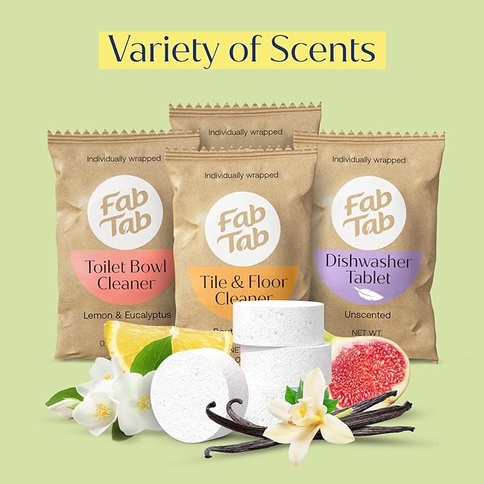 Fab Tab - Household Cleaning Tablets - 100% Plastic Free, 12 Tablets. Power Clean Toilet, Dishes, Laundry & Floors (3 tablets) Enzyme Powered, No Harmful Chemicals, Tough on Dirt, Safe for Kids & Pets