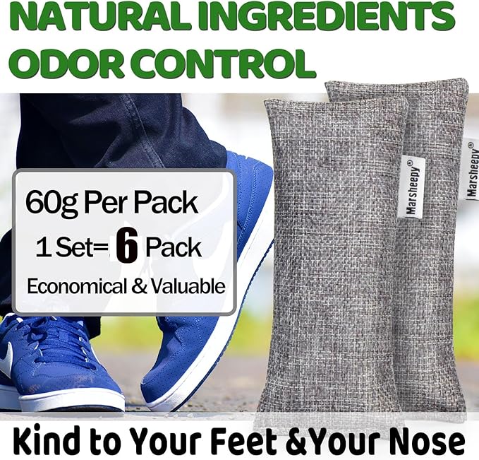 Marsheepy 6 Pack Activated Charcoal Odor Absorber Bags, Shoe Deodorizer insert and Shoe Odor Remover, 100% Natural Shoes Smell Remover，Shoe Odor Eliminatorr (60g X 6 PACK)
