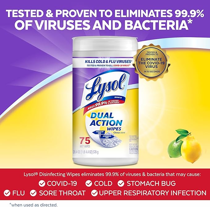 Lysol Dual Action Disinfectant Wipes, Multi-Surface Antibacterial Scrubbing Wipes, For Disinfecting and Cleaning, Citrus Scent, 75ct, Packaging May Vary (Pack of 12)