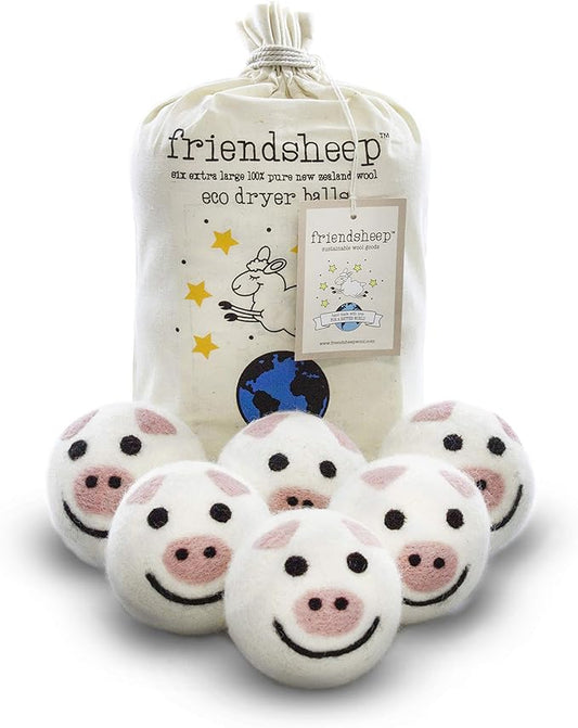 Friendsheep Wool Dryer Balls, Organic Reusable Fabric Softener Alternative for Laundry, Handmade, Fair Trade, Hypoallergenic, Eco-Friendly, Plastic-Free (6 Pack XL ??Pig- Piggy Band)