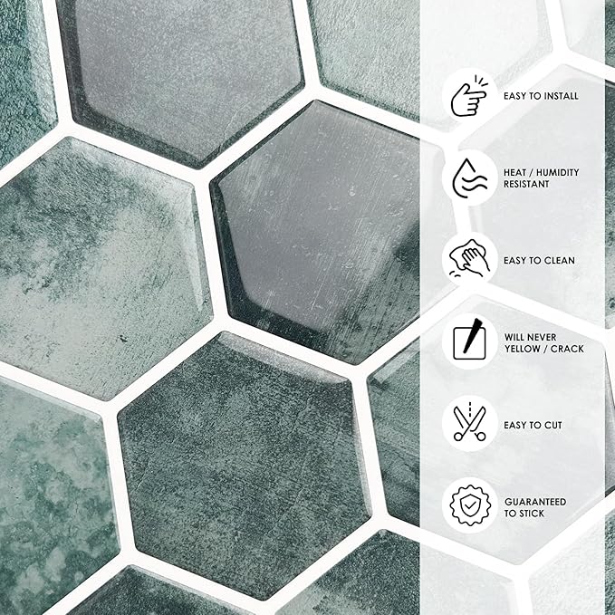 10-Sheet Hexagon Peel and Stick Backsplash for Kitchen, New Upgrade Premium Extra Thicker Design 3D Self Adhesive Wall Tiles, Large Stick on Tiles for Kitchen and Bathroom (12" x 12")