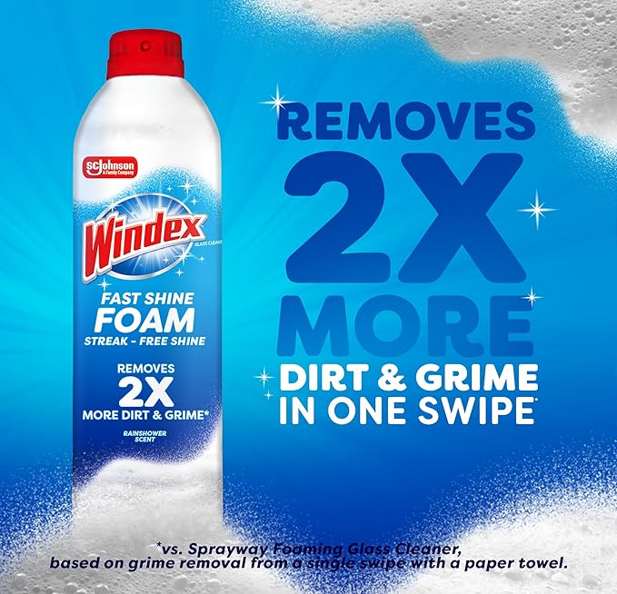 Windex Fast Shine Foam Glass Cleaner, No-Drip Windows, Doors, Mirrors & Countertops Aerosol Cleaning Spray, Streak-Free Shine, Removes Fingerprints, Dust, Dirt, Grime & More 19 oz (Pack of 2)