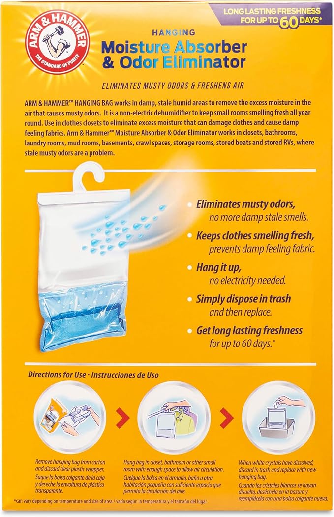 Hammer Hanging Moisture Absorbers and Odor Eliminator - 1 Fragrance Free & 1 Clean Burst - Humidity Packs Traps Moisture - Fresher Air - Humidity Absorber Dehumidifier Bags - 2 Pack, Packed by ILIOS