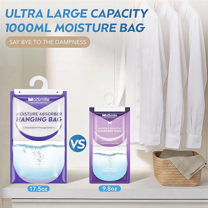 Hanging Moisture Absorbers 3 Pack Net Wt. 17.5oz/Pack, Lavender Fragrance Closet Dehumidifier Bags, Odor Eliminator & Humidity Absorber, Humidity Packs for Bathroom, Bedroom, Basement, Car, RV & Boat