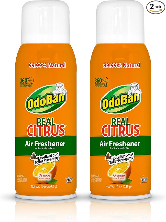 OdoBan Aroma Eliminator, 360-Degree Continuous Spray Natural Oil Real Citrus Air Freshener, Toilet Spray, 2-Pack, 10 Ounces Each, Orange Scent