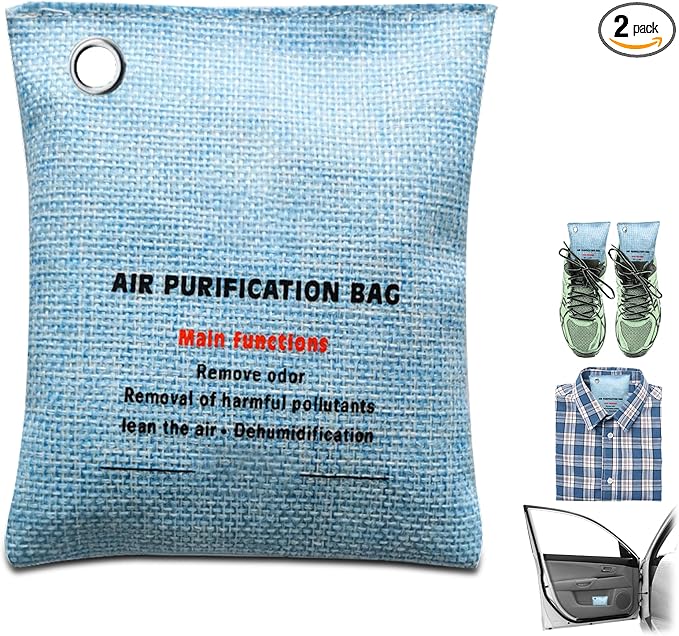 2 Bags Natural Air Purifying Bag | Bamboo Charcoal Odor Absorber for Home & Car | Closet Odor Eliminator, Small Room Deodorizer & Car Air Freshener | Charcoal Bags (100g light blue, Unscented)