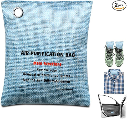 2 Bags Natural Air Purifying Bag | Bamboo Charcoal Odor Absorber for Home & Car | Closet Odor Eliminator, Small Room Deodorizer & Car Air Freshener | Charcoal Bags (100g light blue, Unscented)