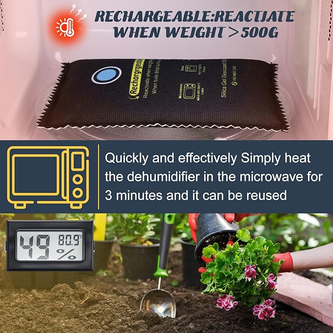 8 Pcs 500 Grams Rechargeable Silica Gel Desiccant Packets with Mini Digital LCD Hygrometer Thermometers Dehumidifier Bag for Gun Safe Closet Basement Car Storage Clothes Moisture Absorber