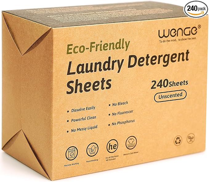 Wenge laundry sheets detergent eco friendly - 240 Sheets - Clear Plastic-Free Naturally Hypoallergenic Liquid Less Washing Sheets for Home Dorm Travel Camping (Unscented)
