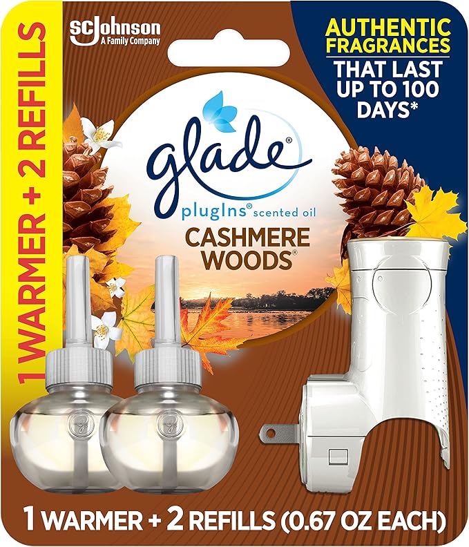 Glade PlugIns Refills Air Freshener Starter Kit, Scented and Essential Oils for Home and Bathroom, Cashmere Woods, 1.34 Fl Oz, 1 Warmer + 2 Refills