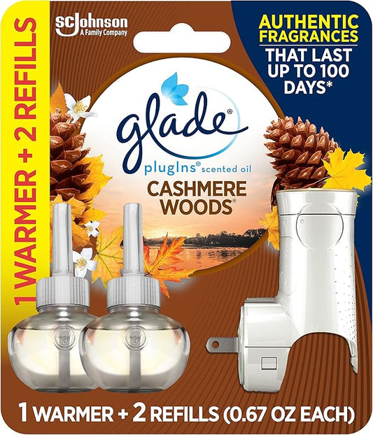 Glade PlugIns Refills Air Freshener Starter Kit, Scented and Essential Oils for Home and Bathroom, Cashmere Woods, 1.34 Fl Oz, 1 Warmer + 2 Refills