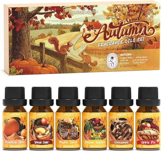 Autumn Fragrance Oils Set, Essential Oil for Diffuser, Fall Scent Diffuser Oil, Use for Soap Candle Making,Pumpkin Spice, Spiced Cider, Maple Syrup, Autumn Harvest, Cinnamon, and Apple Pie
