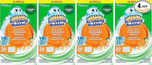 Scrubbing Bubbles Flushable Toilet Bowl Wand Cleaner Refills, Fresh Brush Cleaner Toilet Refill Pads, Removes Limescale & Odors, Citrus Scent,20 Count (Pack of 4)