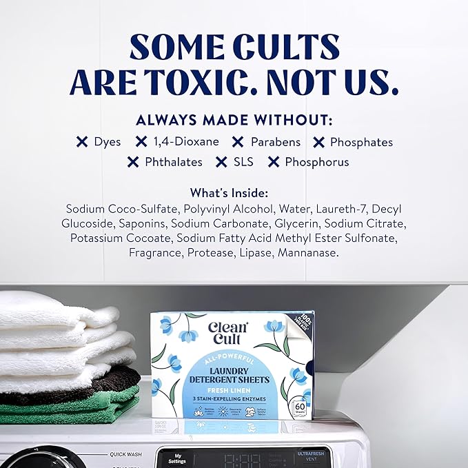 Cleancult Laundry Detergent Sheets - Resealable Box - 3 Stain Fighting Enzymes - Fresh Linen - 60 Loads - Free of Harsh Chemicals - No Mess - No Plastic Waste (Pack of 2)