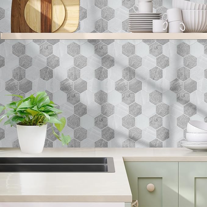 Thickened Hexagon Peel and Stick Tile Backsplash, New Upgrade Mixed Grey Waterproof Stick on Backsplash, Self-Adhesive Marble Tiles for Kitchen,Bathroom and Bedroom，10-Sheet.