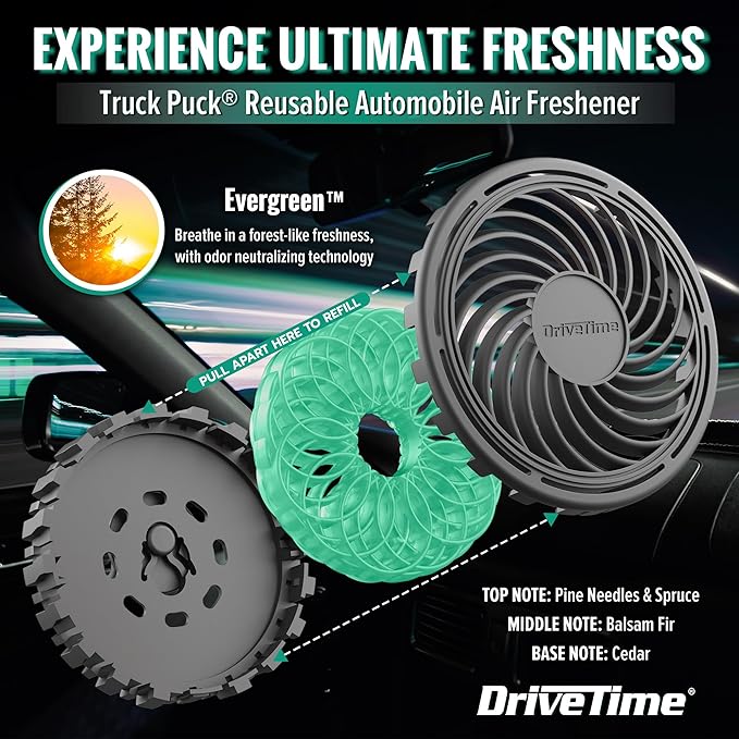 Drive Time Truck Puck Evergreen Fragrance Car Air Freshener – Long-Lasting Car Deodorizer, Refillable Vent & Visor Clip Auto Air Freshener for Car, Truck & SUV, Premium Fragrance, Pack of 3