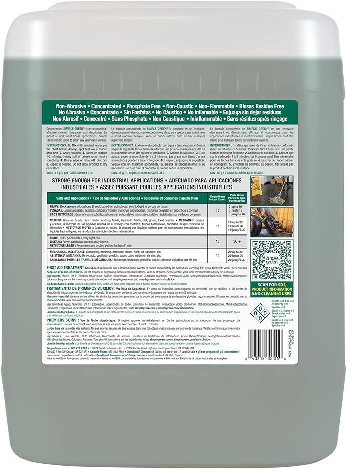 Simple Green, SMP13006, Industrial Cleaner/Degreaser, 1 / Each, White, 5 Gallons (Pack of 1)