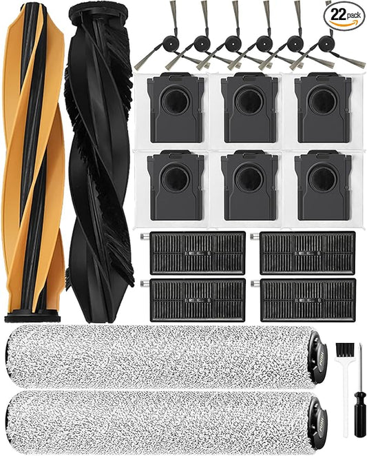 22PCS Aqua10 Roller Accessories Sets for Dreame Aqua10 Roller/Aqua10 Ultra Roller Robot Vacuum Cleaner: 2 Main Brushes 6 Dust Bags 6 Side Brushes 4 Filters 2 Roller Mops 1 Cleaning Brush 1 Screwdriver