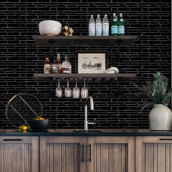 Vamos Tile Black Peel and Stick Tile Backsplash, 12"x12" 10-Sheet Stick on Wall Tiles,Self Adhesive Tile Sticker for Kitchen Backsplash and Bathroom(Black)