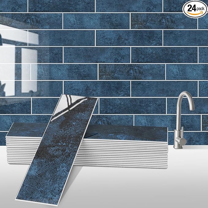 24-Pieces Peel and Stick Tiles for Kitchen Backsplash, New Upgrade Design 12" x 3"SPC Subway Backsplash Tiles, Marble Blue Premium Finger Tiles (Blue).