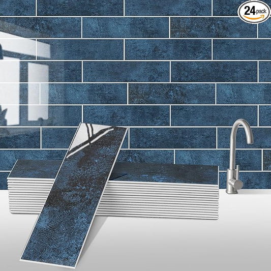 24-Pieces Peel and Stick Tiles for Kitchen Backsplash, New Upgrade Design 12" x 3"SPC Subway Backsplash Tiles, Marble Blue Premium Finger Tiles (Blue).