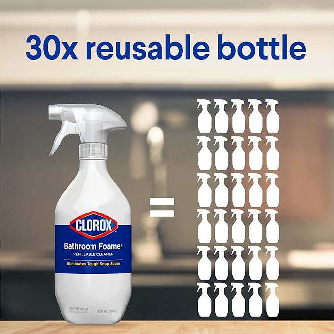 Clorox Bathroom Foamer Refillable Cleaner, Household Essentials, 1 Bottle and 1 Refill, Fresh Scent, 1.13 Fl Oz