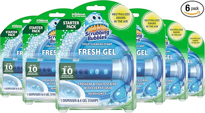 Scrubbing Bubbles Fresh Gel Toilet Bowl Cleaning Stamps, Automatic & Continuous Bathroom Toilet Cleaner Helps Prevent Limescale & Rings, Rainshower Scent, 1 Dispenser with 6 Stamps (6 Count)