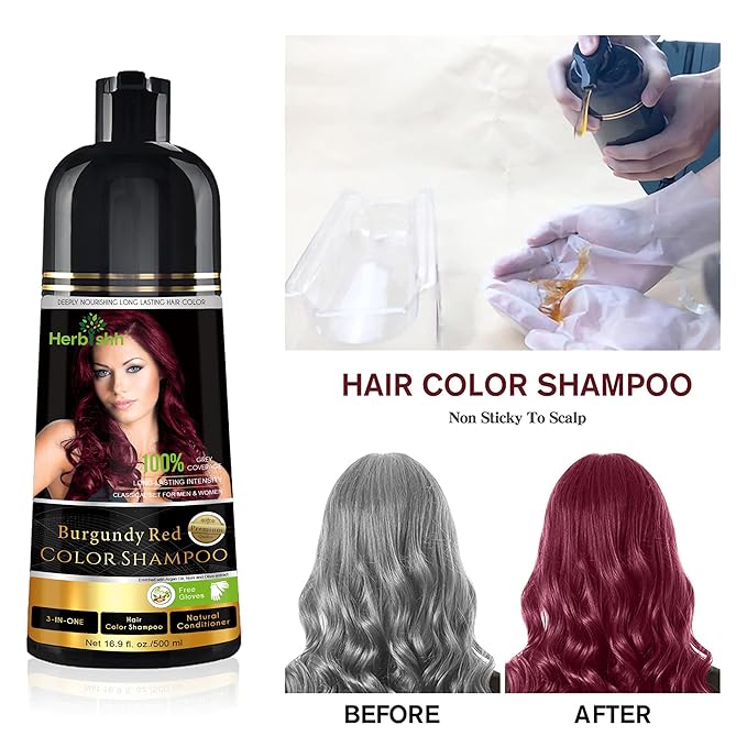 Herbishh Hair Color Shampoo for Gray Hair Burgundy 500 ML - Dye Shield or Defender - Hair Color Stain Remover Wipes - Travel Pack With 5 Wipes