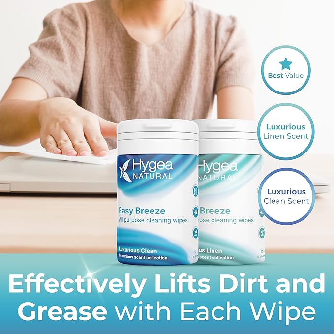 Hygea Natural EasyBreeze All Purpose Cleaning Wipes - Wipes for Multi-surface Cleaning - 2 Packs of Luxurious Linen & 2 Packs of Luxurious Clean (50 per pack)