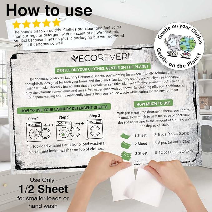 Laundry Detergent Sheets - Eco Friendly Hypoallergenic for sensitive skin, Natural Plant Based Washer Sheets, Travel Laundry Detergent, Chemical Free (64cnt/128 Small Loads) Unscented, Fragrance-Free