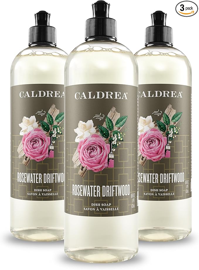 Caldrea Dish Soap, Biodegradable Dishwashing Liquid made with Soap Bark and Aloe Vera, Rosewater Driftwood, 16 oz , 3 Pack