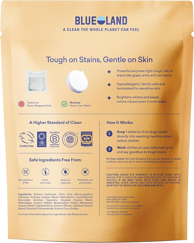 BLUELAND Laundry Detergent Tablets, 60 Count, Plastic-Free Eco-Friendly Pods, Sheets, Liquid Alternative - Fragrance Free and Clear, Natural, Gentle