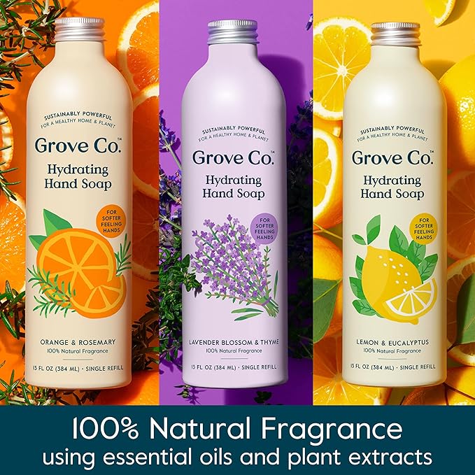 Grove Co. Hydrating Gel Hand Soap Refills (3 x 13 Fl Oz) Plastic-Free Liquid Hands Cleaner Refill Set, 100% Natural Lemon & Eucalyptus + Lavender & Thyme + Orange & Rosemary Fragrance